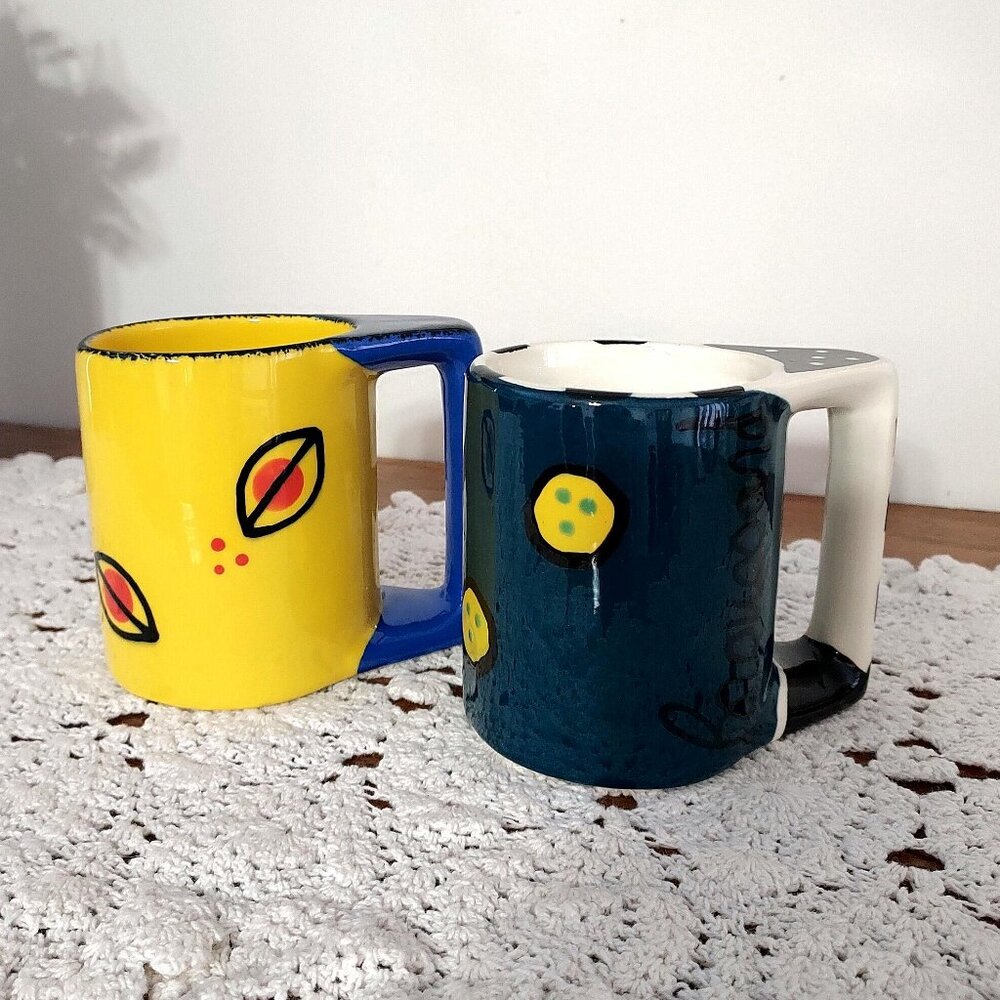 2 Hand Made Broussard, Art Studio Pottery Mugs, Hand Painted Vibrant Colors